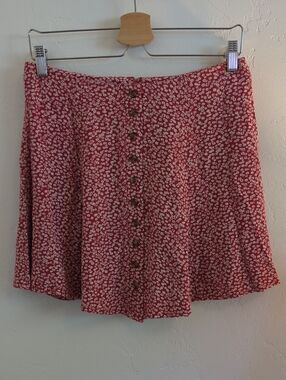 American Eagle Outfitters Red Floral Button-Front Skater Skirt